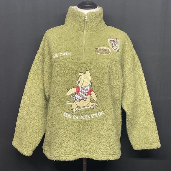 Disney Tops - NWT Disney Women L Green Sherpa 1/4 Zip Pullover Winnie the Pooh Keep Calm Skate